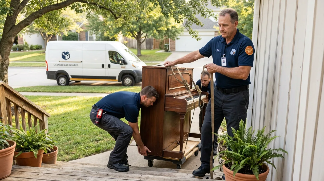 Licensed piano movers securing grand piano in Salinas, CA